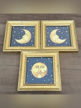 Vintage 3 Celestial Moon Stars Print 7x7 Gold Frame1990’s Wall Art Decor Folk